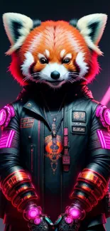 Futuristic red panda in cyberpunk attire with neon lights.