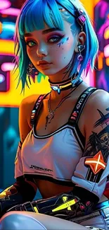 Anime style cyberpunk art with neon colors.
