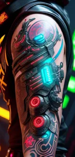 Futuristic cyberpunk arm design with glowing neon lights and intricate tech details.