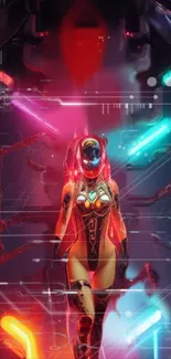 Futuristic figure in neon cyberpunk setting with vibrant colors.