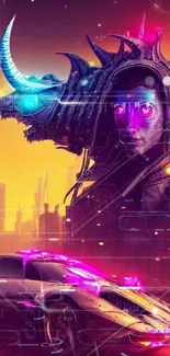 Futuristic cyberpunk art with neon lights and sci-fi cityscape.