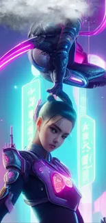 Cyberpunk warrior in neon cityscape wallpaper.