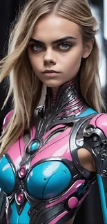 Futuristic cyberpunk android woman in pink and blue armor.