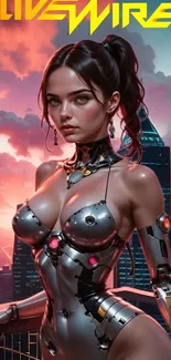 Futuristic cyberpunk artwork featuring a robotic heroine in a sci-fi cityscape.