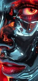 Futuristic cyberpunk art with neon glow and metallic face.