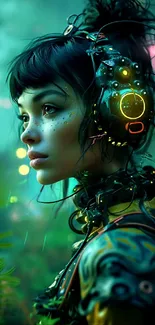 Futuristic cyberpunk character with neon headphones, vibrant green tones.