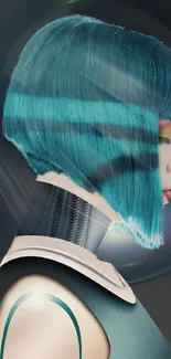 Futuristic female android with teal hair in cyberpunk style.