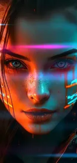 Futuristic cyberpunk portrait with neon lights and vibrant colors.