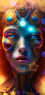 Futuristic cyberpunk art with android face and glowing stars in vibrant colors.