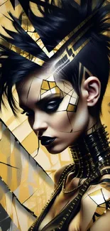 Cyberpunk art wallpaper with vibrant yellow and geometric patterns.