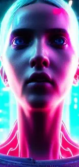 Futuristic cyberpunk wallpaper with neon robot figure.