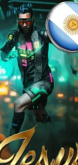 Neon cyberpunk athlete in futuristic city.