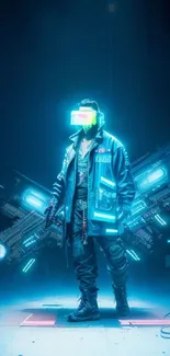 Futuristic cyberpunk wallpaper with neon blue lights.