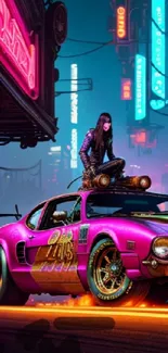 Futuristic car under neon lights in cyberpunk city scene.