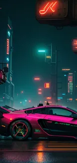 Futuristic cyberpunk city with neon-lit car.