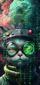 Futuristic cyberpunk cat with green glow.