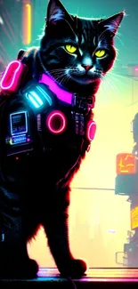 Cyberpunk cat in neon-lit cityscape wallpaper.