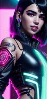 Futuristic woman with neon accents in cyberpunk attire.