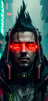 Futuristic cyberpunk character with neon glow set in an urban cityscape.