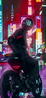 Motorcycle in neon-lit cyberpunk cityscape.