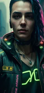 Cyberpunk character in futuristic city with neon lights.