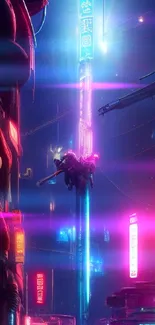 Futuristic cyberpunk city with neon lights and vibrant colors.