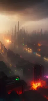 Futuristic cityscape with neon lights and dark sky.