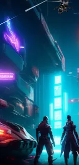 Cyberpunk cityscape with neon lights and futuristic elements.