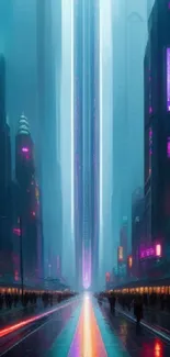 Futuristic cyberpunk cityscape with vibrant neon lights.