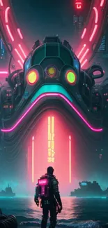 A person stands before a futuristic, neon-lit cyberpunk cityscape.