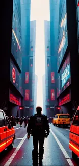 Futuristic city with neon lights and tall skyscrapers.