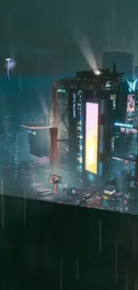 Cyberpunk cityscape with neon lights and rain on mobile wallpaper.