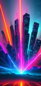 Futuristic cityscape with neon lights and skyscrapers in a cyberpunk style.