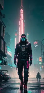 Cyberpunk cityscape with neon lights and a mysterious futuristic figure.