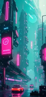 Cyberpunk cityscape with neon lights and futuristic skyscrapers.