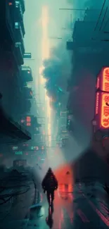 Futuristic cyberpunk cityscape with neon lights and shadowy figure.