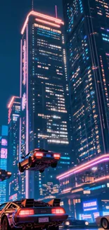 Futuristic cityscape with neon lights and flying cars.