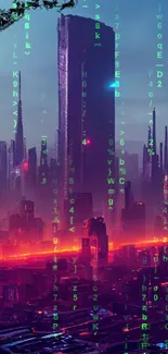 Futuristic cyberpunk cityscape with neon lights and towering skyscrapers.