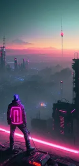 Futuristic cyberpunk cityscape at sunset with neon lights and lone figure.