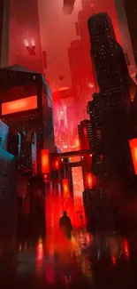 Silhouette in a futuristic cityscape with neon red lights.