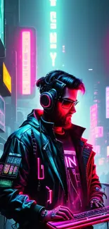 Futuristic cyberpunk city with neon lights and tech-savvy individual.