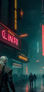 Futuristic cyberpunk cityscape with neon lights and skyscrapers at night.