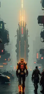 Futuristic cyberpunk city scene with neon lights and robots on a dark street.