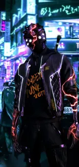 Neon-lit futuristic figure in cyberpunk cityscape.