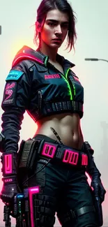 Cyberpunk character in a neon-lit cityscape, futuristic urban setting.