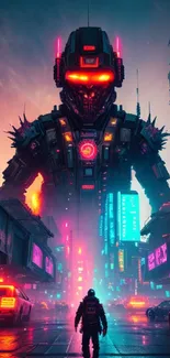 Futuristic cyberpunk cityscape with towering robot and neon lights.