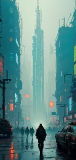 Futuristic cyberpunk cityscape with neon lights and misty streets.