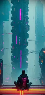 Cyberpunk cityscape with neon lights and a lone figure in a futuristic setting.