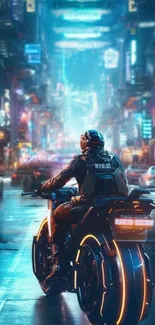 Futuristic rider on motorcycle in a neon-lit cyberpunk cityscape.