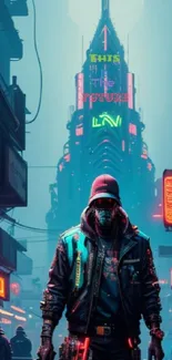 Futuristic figure in a neon-lit cyberpunk city.